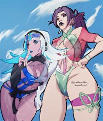 2girls absurdres alternate_costume artist_request black_hair blue_eyes breasts cloud curvy from_below glasses heterochromia highleg highleg_one-piece_swimsuit highres large_breasts leotard long_hair looking_at_viewer luna_snow luna_snow_(cool_summer) marvel marvel_rivals multicolored_hair multiple_girls official_alternate_costume one-piece_swimsuit ponytail psylocke psylocke_(breezy_butterfly) purple_eyes purple_hair shiny_skin sky smile split-color_hair superhero_costume swimsuit two-tone_hair white_hair wide_hips x-men