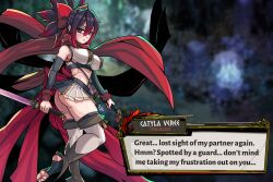 1girl absurdres annoyed ass bare_shoulders blue_eyes blurry blurry_background bow breasts catyla_(bird8700) character_name character_profile commentary commission covered_erect_nipples crop_top detailed_knuckles dual_wielding english_commentary english_text feet foot_up gameplay_mechanics glaring hades_(series) hades_1 hair_bow highres holding long_scarf looking_at_viewer midriff multicolored_hair multiple_swords no_panties olive_wreath original pale_skin parted_lips perky_breasts red_bow red_scarf revealing_clothes ribs scarf shiny_skin soles solo stirrup_legwear thick_thighs thighhighs thighs toeless_legwear toenails toned toned_female two-tone_hair unusualpie