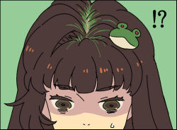 !? 1girl alternate_hair_color black_border border brown_eyes brown_hair frog_hair_ornament green_background hair_focus hair_intakes hair_ornament head_only jean_(jean_sp) kochiya_sanae mouth_out_of_frame multicolored_hair nose roots_(hair) simple_background solo sweatdrop touhou worried