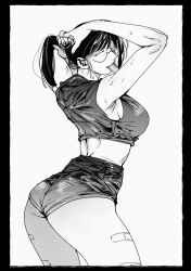 1girl :p adjusting_hair arms_behind_head arms_up ass bandaid_on_thigh black_border border crop_top from_behind greyscale hachinuki_tetsuyo hand_in_own_hair hands_in_own_hair highres holding holding_own_hair jimiko jitome looking_at_viewer looking_back micro_shorts midriff mob_face moire monochrome nape original ponytail round_eyewear she_(hachinuki_tetsuyo) shorts simple_background sleeveless solo sweat tank_top thighs tongue tongue_out tying_hair white_background