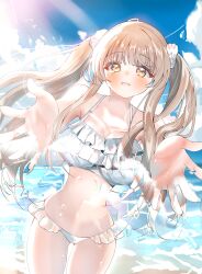 Rule 34 | 1girl, bare shoulders, bikini, blue sky, blush, breasts, brown hair, cleavage, cloud, collarbone, frilled bikini top, hair between eyes, hair ornament, highres, kupv5358, large breasts, long hair, navel, ocean, official alternate costume, official alternate hairstyle, open mouth, orange eyes, otonari no tenshi-sama ni itsu no mani ka dame ningen ni sarete ita ken, reaching, reaching towards viewer, shiina mahiru (otonari no tenshi-sama), sky, solo, splashing, swimsuit, twintails, very long hair, white bikini