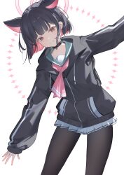 1girl absurdres animal_ears ascot black_choker black_hair black_jacket black_pantyhose blue_archive cat_choker cat_ears cat_girl choker colored_inner_hair extra_ears green_sailor_collar grin highres jacket kazusa_(blue_archive) looking_at_viewer miku_rasha multicolored_hair outstretched_arms pantyhose pink_ascot pink_eyes sailor_collar short_hair skirt sleeves_past_wrists smile solo spread_arms two-tone_hair white_skirt