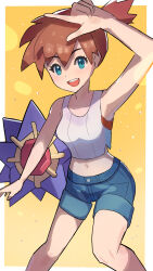 Rule 34 | 1girl, :d, armpits, blue eyes, blue shorts, chaki illustrator, crop top, gen 1 pokemon, highres, looking at viewer, midriff, misty (pokemon), navel, nintendo, open mouth, orange hair, pokemon, pokemon (creature), pokemon lgpe, ponytail, short hair, short ponytail, shorts, smile, starmie