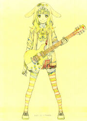 1girl animal_hood blunt_bangs bow bowtie character_request closed_mouth commentary_request copyright_request dated dog_hood electric_guitar full_body graphite_(medium) green_bow green_bowtie green_eyes green_hair green_sailor_collar green_thighhighs guitar hair_over_shoulder happy highres holding holding_guitar holding_instrument hood hood_up hooded_jacket instrument jacket legs_apart limited_palette long_hair miniskirt nostrils open_clothes open_jacket plaid_clothes plaid_skirt pleated_skirt red_skirt sailor_collar school_uniform serafuku shirt shiwasu_takashi shoes signature simple_background skirt smile sneakers solo straight-on striped_clothes striped_thighhighs tareme thighhighs traditional_media two-tone_thighhighs wavy_hair white_shirt white_shoes white_thighhighs yellow_background yellow_jacket zettai_ryouiki