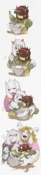 1girl 1other 2boys ^_^ absurdres androgynous animal_ears apron artist_name asgore_dreemurr beard black_eyes blonde_hair bowl child closed_eyes colored_skin corogarucoromo deltarune facial_hair fake_horns family fewer_digits furry furry_female furry_male glasses goat_boy goat_ears goat_girl goat_horns green_sweater hairband hand_on_another&#039;s_shoulder highres holding holding_whisk horn_hairband horns kris_(deltarune) long_image long_sleeves motion_blur motion_lines multiple_boys open_mouth pink_shirt purple-framed_eyewear ralsei red_hairband round_eyewear sequential shaded_face shirt signature simple_background smile stirring sweater tall_image toriel upper_body whisk white_background yellow_apron yellow_skin