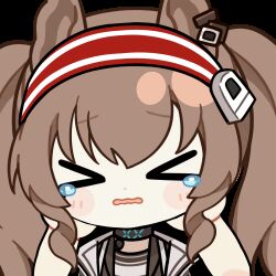 &gt;_&lt; 1girl angelina_(arknights) animal_ears animated animated_gif arknights black_choker blush brown_hair chinese_commentary choker coat commentary_request dot_nose earpiece facing_viewer flying_sweatdrops fox_ears hair_between_eyes hairband infection_monitor_(arknights) long_hair lowres material_growth open_clothes open_coat oripathy_lesion_(arknights) red_hairband skland_1530589596514 solo striped_clothes striped_hairband tears transparent_background twintails two-tone_hairband upper_body wavy_hair white_coat