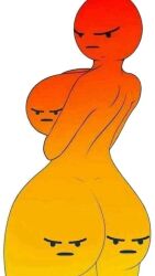1girl anatomical_nonsense angry arms_folded arms_under_breasts artist_request ass back backboob bald breasts breasts_out emoji emoji_(race) face_on_ass faces female_focus gradient_skin large_breasts large_buttocks looking_at_viewer looking_back no_hair no_nipples no_visible_genitalia nude sideboob simple_background skin_color_change thighs white_background