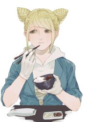 Rule 34 | 1girl, blonde hair, bowl, chopsticks, closed mouth, commentary request, cone hair bun, double bun, eating, gloves, hair bun, highres, holding, holding bowl, holding chopsticks, hood, hood down, hoodie, jasmine (toshi densetsu kaitai center), looking to the side, nono (n0n0n0n0n 0), partially fingerless gloves, rice bowl, short hair, simple background, solo, toshi densetsu kaitai center, upper body, white background, white gloves, white hoodie, yellow eyes