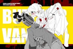 1boy 1other arms_behind_back ascot blush bound bound_wrists butcher_vanity_(synthesizer_v) clock cowboy_shot dante_(limbus_company) fire gloves highres holding holding_knife imminent_cannibalism knife limbus_company n_corp._fanatic_(identity)_(project_moon) object_head other_with_male pants parted_lips project_moon sinclair_(project_moon) smile south_ac sweat wax_seal