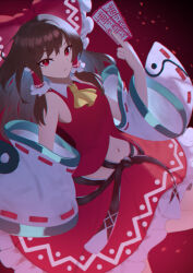 1girl absurdres between_fingers black_hair bow closed_mouth detached_sleeves frilled_bow frills hair_bow hair_tubes hakurei_reimu hand_up highres holding light_frown long_hair navel ofuda ofuda_between_fingers red_background red_bow red_eyes red_shirt red_skirt shirt sidelocks skirt sleeveless sleeveless_shirt solo tachyon663504 touhou