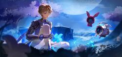 1boy absurdres blue_eyes blue_flower blue_shirt blurry blurry_foreground brown_hair chinese_commentary closed_mouth commentary_request flower full_moon highres huqu_(huqu45712) male_focus mechanical_arms mechanical_hands moon outdoors pants parted_bangs robot shirt single_mechanical_arm single_mechanical_hand sitting smile solo white_pants wuthering_waves xiangli_yao_(wuthering_waves)