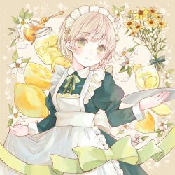 Rule 34 | 1girl, apron, back bow, blonde hair, blue dress, blush, bouquet, bow, bowtie, closed mouth, collared dress, commentary request, cowboy shot, dot nose, double-parted bangs, dress, flower, food, frilled apron, frills, fruit, green bow, green bowtie, green eyes, green ribbon, hair ribbon, holding, holding plate, honey, honey dipper, jar, juliet sleeves, leaf, lemon, lemon slice, lemonade, long sleeves, maid, maid apron, maid headdress, original, plate, puffy sleeves, ribbon, short hair, skirt hold, smile, solo, tententuyu, white apron, white flower, yellow flower