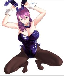 Rule 34 | 1girl, animal ears, black pantyhose, bow, bowtie, breasts, cleavage, commentary request, detached collar, drill hair, fake animal ears, green eyes, large breasts, leotard, long hair, original, pantyhose, playboy bunny, purple bow, purple bowtie, purple hair, purple leotard, rabbit ears, ryuuta (msxtr), side-tie leotard, simple background, solo, squatting, strapless, strapless leotard, white background, wrist cuffs