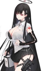 1girl alternate_costume artist_name bag black_bra black_choker black_hair black_halo black_nails black_skirt blue_archive blunt_bangs bra breasts bright_pupils broken_heart chain choker cleavage criss-cross_strings cross cross_earrings detached_sleeves dishwasher1910 ear_piercing earrings fingernails gun hair_ornament hairclip halo handgun heart heart_tattoo highres holster holstered huge_breasts jewelry large_breasts long_fingernails long_hair looking_at_viewer multicolored_halo nail_polish parted_lips partially_unbuttoned piercing red_eyes rio_(blue_archive) see-through_clothes see-through_shirt shirt shirt_partially_tucked_in short_sleeves shoulder_bag shoulder_tattoo simple_background skirt skull_hair_ornament solo spiked_choker spikes tattoo thigh_holster thighs two-tone_halo underwear very_long_hair weapon white_background white_pupils white_shirt