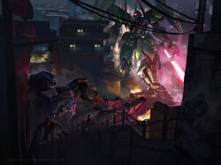 battle energy_sword building cityscape damaged defeat duel energy_beam fleeing gundam highres jgranada mecha mobile_suit night one-eyed original realistic robot science_fiction victory weapon wreckage