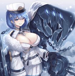 1girl azur_lane black_gloves blue_eyes blue_hair breasts chain chapayev_(azur_lane) commentary fur-trimmed_jacket fur_trim gloves hair_ornament hat highres holding holding_chain ice jacket large_breasts long_sleeves looking_at_viewer military_hat miniskirt mole mole_on_breast outdoors peaked_cap pleated_skirt short_hair skirt snowflake_hair_ornament solo tofu_fufu white_hat white_jacket white_skirt winter