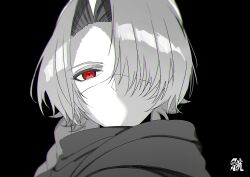 1girl absurdres black_background braid chromatic_aberration greyscale hair_over_one_eye highres long_hair looking_at_viewer mask monochrome nintendo portrait red_eyes reverse_trap sheik sheikah simple_background solo spot_color the_legend_of_zelda the_legend_of_zelda:_ocarina_of_time yasaikakiage