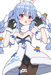 1girl animal_ears black_gloves black_leotard black_pantyhose blue_hair braid breasts carrot_hair_ornament cleavage don-chan_(usada_pekora) dress food-themed_hair_ornament fur-trimmed_dress fur-trimmed_gloves fur_trim gloves hair_ornament highres hololive kaie leotard multicolored_hair open_mouth orange_eyes pantyhose rabbit-shaped_pupils rabbit_ears rabbit_girl short_eyebrows small_breasts strapless strapless_leotard symbol-shaped_pupils twin_braids two-tone_hair usada_pekora usada_pekora_(1st_costume) virtual_youtuber white_dress white_hair
