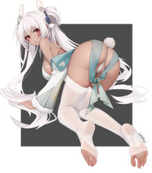 1girl absurdres alabama_(azur_lane) ass azur_lane barefoot feet highres long_hair looking_at_viewer looking_back panties red_eyes see-through_clothes see-through_legwear soles thighhighs toeless_legwear toes twintails underwear white_hair white_thighhighs xnnagu