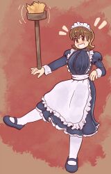 Rule 34 | 1girl, aioi yuuko, alternate costume, apron, black dress, black sandals, breasts, broom, brown eyes, brown hair, buttons, dozo gon, dress, frilled apron, frills, full body, highres, huge breasts, long sleeves, maid, maid apron, maid headdress, nichijou, puffy long sleeves, puffy sleeves, sandals, short hair, solo, teeth, thighhighs, white apron, white thighhighs