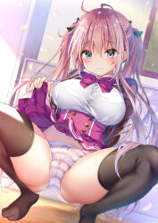 1girl antenna_hair arm_support black_bow blue_eyes blush bow bow_panties breasts breasts_apart cameltoe closed_mouth clothes_lift commentary_request covered_erect_nipples fingernails flashing hair_between_eyes hair_bow highres kino_(kino_konomi) large_breasts lifting_own_clothes long_fingernails long_hair long_sleeves looking_at_viewer melonbooks miniskirt nail_polish nipples original panties pink_nails pleated_skirt reclining red_hair red_skirt school_uniform shirt skirt skirt_lift smile solo spread_legs squatting striped_clothes striped_panties thighhighs twintails underwear very_long_hair white_panties