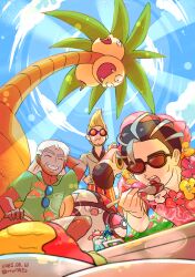 Rule 34 | 3boys, alolan exeggutor, alolan form, amoonguss, black hair, blue sky, clavell (pokemon), clive (pokemon), collared shirt, dark-skinned male, dark skin, eating, flamigo, gen 5 pokemon, gen 7 pokemon, grey hair, larry (pokemon), larry (special costume) (pokemon), male focus, multiple boys, nintendo, official alternate costume, pink shirt, pokemon, pokemon (creature), pokemon masters ex, pokemon sm, pokemon sv, pompadour, ratowa, samson oak, shirt, sky, sunglasses