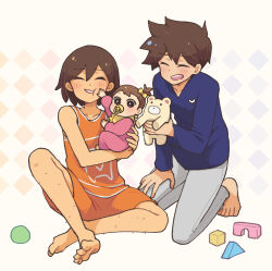1girl 2boys baby barefoot bib block_(object) blue_shirt blush bow brother_and_sister brothers brown_hair closed_eyes collarbone commentary doroidsan grey_pants hair_bow hand_on_own_thigh hero_(faraway)_(omori) hero_(omori) highres kel_(faraway)_(omori) kel_(omori) long_sleeves multiple_boys omori open_mouth orange_shirt orange_shorts pacifier pajamas pants sally_(omori) shirt short_hair shorts siblings side_ponytail smile spiked_hair stuffed_animal stuffed_toy symbol-only_commentary tank_top teddy_bear teeth