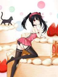 10s 1girl arched_back bad_id bad_pixiv_id bare_shoulders black_hair black_thighhighs cake cat clock_eyes date_a_live female_focus food fruit garter_belt garter_straps hairband heart heterochromia highres in_food long_hair md5_mismatch oversized_object red_eyes smile solo spoken_heart strawberry symbol-shaped_pupils thighhighs tokisaki_kurumi twintails yellow_eyes z1npool