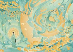 1boy animal aqua_background aqua_fur aqua_robe autumn autumn_leaves bird black_hair branch chinese_clothes colored_smoke deer duo_chromatic green_hanfu green_sky hair_bun hair_ribbon halo hanfu highres huaepiphany leaf limited_palette long_hair male_focus mandala mountain outdoors qian_qiu_(novel) ribbon scenery shen_qiao signature single_hair_bun sky smoke solo standing sun swallow_(bird) tree very_long_hair white_ribbon wide_shot yellow_background yellow_bird yellow_eyes