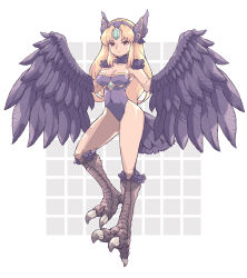 Rule 34 | 1girl, ass, bird legs, black leotard, black wings, blonde hair, commentary request, corruption, dark persona, feathered wings, harpy, highres, leotard, long hair, looking at viewer, monster girl, monsterification, red eyes, riesz, seiken densetsu, seiken densetsu 3, solo, talons, winged arms, wings, yoblo