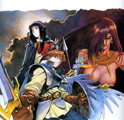 1boy 2girls armor black_hair blue_eyes breasts cloud copyright_request hair_between_eyes highres holding holding_polearm holding_sword holding_weapon lance large_breasts long_hair multiple_girls nipples official_art orange_hair polearm retro_artstyle runal_saga sadamoto_yoshiyuki scan sky sword warrior weapon