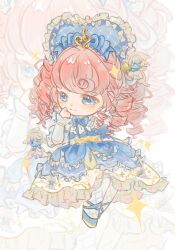 1girl ankle_ribbon argyle_clothes argyle_pantyhose azi_butaizi bare_shoulders blue_bonnet blue_bow blue_bowtie blue_dress blue_eyes blue_ribbon blue_shoes blue_sleeves bonnet bow bowtie chibi chinese_commentary classic_lolita closed_mouth collar colored_eyelashes commentary_request curly_hair detached_collar detached_sleeves doll dress drill_hair earrings faewish_sprite fortissimo frilled_arm_warmers frilled_dress frilled_headwear frilled_shirt_collar frilled_sleeves frills gown hair_bow hair_ornament hand_on_own_cheek hand_on_own_face happy heart-shaped_bonnet highres infinity_nikki jewelry leg_ribbon light_blush lolita_fashion long_dress long_hair looking_to_the_side multiple_hat_bows musical_note musical_note_hair_ornament nikki_(series) orange_hair pantyhose puffy_short_sleeves puffy_sleeves ribbon shoes short_sleeves smile solo sparkle strapless strapless_dress timeless_melody_(infinity_nikki) white_arm_warmers white_background white_bow white_collar white_pantyhose yellow_corset zoom_layer