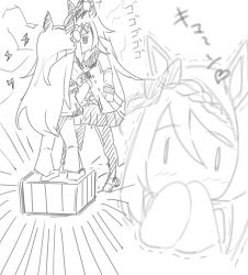 3girls absurdres ahoge animal_ears bow box covering_own_mouth greyscale highres horse_ears horse_girl long_hair menacing_(jojo) monochrome multiple_girls nenma oguri_cap_(umamusume) on_box size_difference sketch skirt super_creek_(umamusume) tamamo_cross_(umamusume) umamusume umamusume:_cinderella_gray
