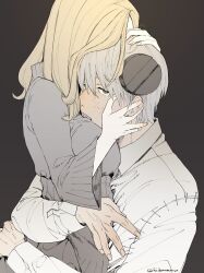 1boy 1girl black_background black_shirt blonde_hair collared_shirt franken_stein_(soul_eater) green_eyes grey_hair hand_on_another&#039;s_face hand_on_another&#039;s_head hetero highres hissiu hug long_sleeves looking_at_viewer marie_mjolnir parted_lips shirt short_sleeves simple_background soul_eater stitched_face stitches turtleneck turtleneck_shirt upper_body white_shirt