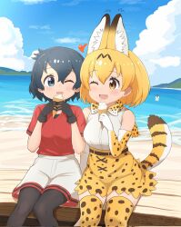 Rule 34 | 3girls, animal ears, animal print, bare shoulders, beach, belt, black gloves, black hair, black pantyhose, blonde hair, blue eyes, blush, bow, bowtie, brown belt, cat ears, cat girl, cat print, cat tail, common dolphin (kemono friends), crumbs, dolphin girl, dorsal fin, eating, elbow gloves, extra ears, fang, fins, gloves, grey shorts, hair between eyes, head fins, heart, high-waist skirt, highres, ice cream cone, kaban (kemono friends), kemono friends, multiple girls, ocean, one eye closed, open mouth, pantyhose, print bow, print bowtie, print gloves, print skirt, print thighhighs, red shirt, red trim, serval (kemono friends), shirt, short hair, short sleeves, shorts, sidelocks, sitting, skirt, sleeveless, t-shirt, tail, thighhighs, travellerll, white shirt, yellow bow, yellow bowtie, yellow eyes, yellow gloves, yellow skirt, yellow thighhighs, zettai ryouiki