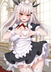 1girl alternate_costume apron black_dress black_ribbon blush breasts butterfly_hair_ornament cleavage collared_dress commentary_request day dress enmaided etna_(kuzuyu) frilled_apron frilled_dress frills garter_straps grey_hair hair_between_eyes hair_ornament hair_ribbon heart heart_hands highres indoors komori_kuzuyu large_breasts long_hair maid maid_headdress neck_ribbon open_mouth original puffy_short_sleeves puffy_sleeves red_eyes red_ribbon ribbon short_sleeves small_sweatdrop solo sunlight sweat thighhighs two_side_up very_long_hair white_apron white_thighhighs window