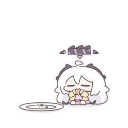 1boy 1girl ahoge black_halo blue_archive bluemaka bread demon_girl demon_horns demon_wings eating food halo highres hina_(blue_archive) hina_(pajamas)_(blue_archive) horns jacket long_hair pajamas pink_pajamas polka_dot polka_dot_pajamas simple_background sitting white_background white_hair wings yellow_jacket