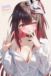 1girl ;) alternate_costume bell black_choker blush breasts brown_hair chest_tattoo choker cleavage closed_mouth collarbone collared_shirt colored_inner_hair commentary_request dress_shirt fingernails fox_mask hands_up highres honkai:_star_rail honkai_(series) jingle_bell koya_(koyacocoa) large_breasts long_hair looking_at_viewer mask mask_on_head multicolored_hair nail_polish neck_bell one_eye_closed partially_unbuttoned pink_nails red_eyes red_hair shirt single_bare_shoulder single_off_shoulder smile solo sparkle sparkle_(honkai:_star_rail) tattoo thank_you very_long_hair w white_shirt