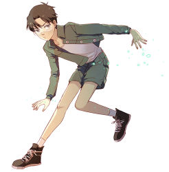 1boy amasawa_yuuko brown_eyes brown_hair dennou_coil full_body genderswap genderswap_(ftm) glasses green_jacket green_shorts jacket looking_at_viewer male_focus shirt shoes shorts socks white_background white_shirt