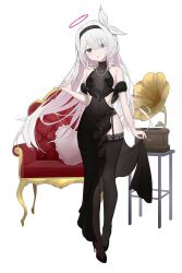 1girl :o absurdres alternate_costume bare_shoulders black_dress black_garter_belt black_hairband black_headband black_shoes black_thighhighs blue_archive blush braid breasts breasts_apart chair colored_inner_hair commentary dress eyes_visible_through_hair fangfangtu fingernails full_body garter_belt grey_eyes hair_between_eyes hair_over_one_eye hair_ribbon hairband halo hand_up headband heart heart-shaped_pillow high_heels highres jewelry loli long_hair looking_at_viewer multicolored_hair nail_polish necklace pearl_necklace phonograph pillow pink_hair plana_(blue_archive) red_halo red_pupils ribbon shoes simple_background single_braid small_breasts solo standing thighhighs thighs very_long_hair white_background white_hair zettai_ryouiki
