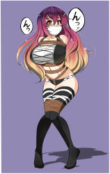 1girl adapted_costume arms_behind_back bdsm black_thighhighs blush bondage bound bound_legs breasts brown_hair cleavage cloth_gag crotch_rope female_focus full_body gag gagged gradient_hair highres hijiri_byakuren huge_breasts improvised_gag jam-orbital long_hair multicolored_hair navel over_the_nose_gag purple_background red_hair rope shibari simple_background solo thighhighs tiptoes touhou yellow_eyes