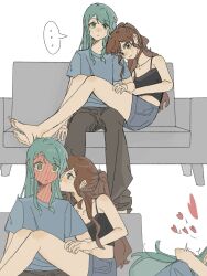 ... 2girls arms_around_neck bang_dream! barefoot black_camisole blue_hair blue_shirt blush brown_hair brown_pants camisole chara_tomato52 closed_mouth commentary full-face_blush green_eyes grey_shorts hashtag-only_commentary heart highres hikawa_sayo holding_hands imai_lisa kissing_hair long_hair multiple_girls pants shirt short_sleeves shorts spoken_ellipsis yuri