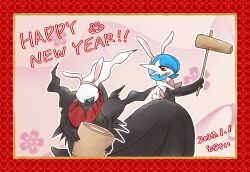 1girl 1other 2023 absurdres alternate_color animal_ears artist_name bare_shoulders black_dress black_gloves blue_hair blue_sclera blurry blurry_background blush bob_cut border chinese_zodiac colored_sclera colored_skin creatures_(company) darkrai dated dress elbow_gloves english_text fake_animal_ears fake_tail flat_chest from_side game_freak gardevoir gen_3_pokemon gen_4_pokemon gloves hair_over_one_eye hairband hands_up happy happy_new_year highres holding holding_mallet kine legendary_pokemon light_blush long_hair looking_at_another looking_at_viewer mallet mega_gardevoir mega_pokemon mochitsuki mortar_(bowl) mythical_pokemon new_year nintendo one_eye_covered open_mouth outline pink_background pokemon pokemon_(creature) rabbit_ears rabbit_tail red_border red_eyes shiny_pokemon short_hair signature smile standing strapless strapless_dress tail tommy_(hamusptommy) two-handed white_eyes white_hair white_hairband white_outline white_skin year_of_the_rabbit