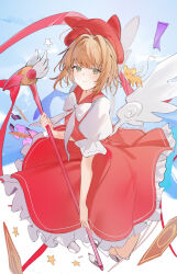 1girl absurdres ahoge animal bow brown_hair card closed_mouth commentary dress flantia frilled_dress frills green_eyes hat highres holding holding_staff large_bow looking_at_viewer original red_dress red_hat short_hair short_sleeves sidelocks sky solo staff star_(symbol) white_bow white_dress white_wings wings