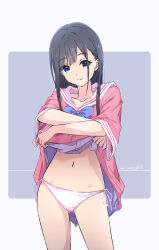1girl black_hair blue_eyes closed_mouth clothes_lift dated highres lifting_own_clothes looking_at_viewer monai-chan_(nii_manabu) navel nii_manabu original panties pink_shirt sailor_collar school_uniform shirt shirt_lift side-tie_panties signature smile solo underwear white_panties white_sailor_collar