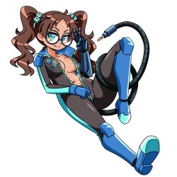 1girl absurdres aqua_eyes audio_jack barcode bodysuit breasts brown_hair commission commissioner_upload d20_(die) dark-skinned_female dark_skin dice glasses gloves highres large_forehead mechanical_tail moon_(ornament) navel original otchakun_(artist) polyhedral_dice prosthesis prosthetic_arm round_eyewear smile solo sweat tail twintails unzipped_bodysuit unzipping ushu_rahad v zipper zipper_bodysuit