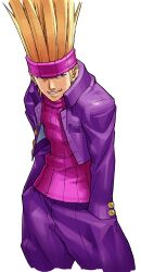 Rule 34 | 1boy, absurdres, blonde hair, cropped legs, earrings, edaki shin&#039;ya, gakuran, game cg, grin, hands in pockets, headband, highres, jacket, jewelry, justice gakuen, long hair, looking to the side, male focus, moero! justice gakuen, non-web source, official art, open clothes, open jacket, pants, pink headband, pink sweater, purple jacket, purple pants, ribbed sweater, school uniform, simple background, smile, solo, spiked hair, standing, sweater, teeth, turtleneck, turtleneck sweater, white background, yamada eiji