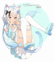 1girl ahoge animal_ears ass black_bow blue_background blue_dress blue_eyes blue_flower blue_footwear blue_hair blush bow cat_ears cat_girl cat_tail commentary_request commission convenient_leg coreytaiyo covered_mouth dress flower flying_sweatdrops frilled_dress frills full_body gradient_hair grey_hair hair_bow hair_flower hair_ornament hands_up highres knees_together_feet_apart knees_up long_hair looking_at_viewer multicolored_hair original round_image shirt shoe_soles signature skeb_commission solo tail thighhighs translation_request two-tone_background very_long_hair white_background white_shirt white_thighhighs