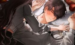 1boy 1girl blush brown_hair caleb_(love_and_deepspace) closed_mouth couple hetero highres lipstick_mark lipstick_mark_on_face lipstick_mark_on_neck long_hair love_and_deepspace lying on_back protagonist_(love_and_deepspace) shirt short_hair spaceshelter sweatdrop wavy_hair white_shirt