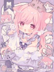 1girl :3 :d :o animal animal_ear_fluff animal_ears animal_on_head bare_shoulders black_bow black_bowtie black_ribbon black_thighhighs blue_dress blush blush_stickers border bow bowtie breasts cat cat_ears cat_girl cat_tail chibi cleavage cleavage_cutout clothing_cutout commentary commission detached_collar dress fang grid_background hand_up heart heart_of_string highres indie_virtual_youtuber kamizakana_iriko long_hair long_sleeves looking_at_viewer lucie_(vtuber) on_head open_mouth outside_border paw_pose pink_eyes pink_hair purple_border ribbon skeb_commission skin_fang smile tail thighhighs twitter_username white_background yarn yarn_ball